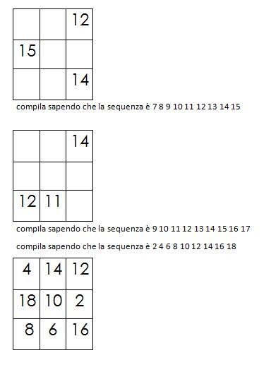 Quadrati magici da completare dovendo calcolare il numero magico 3