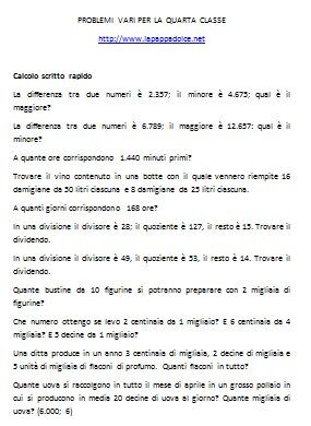PROBLEMI VARI PER LA QUARTA CLASSE Lapappadolce