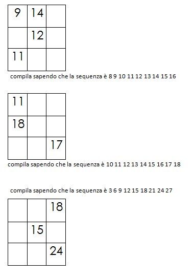 Quadrati magici da completare dovendo calcolare il numero magico 5