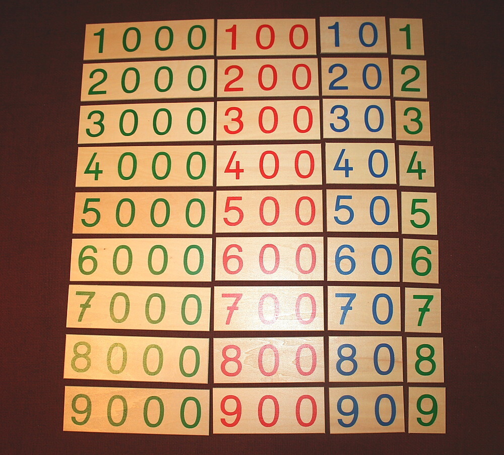 Esercizi coi cartelli dei numeri e le perle dorate Montessori