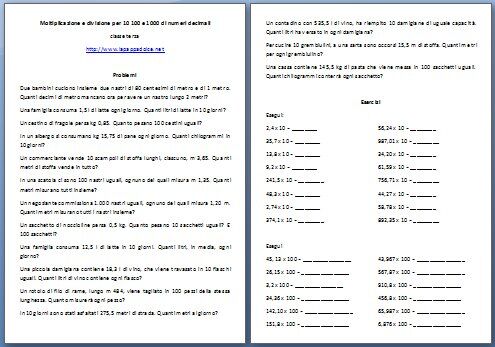 Moltiplicazione E Divisione Per 10 100 E 1000 Di Numeri Decimali Esercizi Lapappadolce