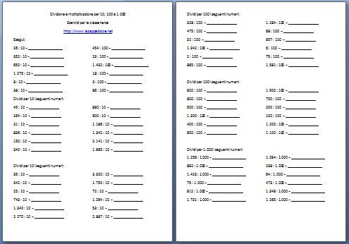 Moltiplicazioni e divisioni per 10 100 1000 di numeri interi