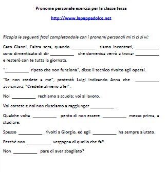 Pronome personale esercizi per la classe terza