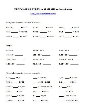 MOLTIPLICAZIONI E DIVISIONI per 10 100 1000 per la quarta classe