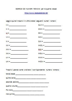 esercizi coi numeri romani per la classe quarta