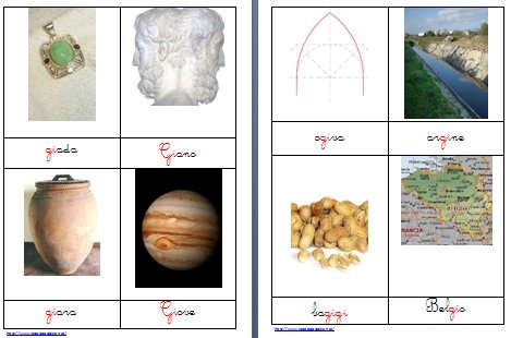 Metodo Montessori schede delle nomenclature per le difficoltà ortografiche GI