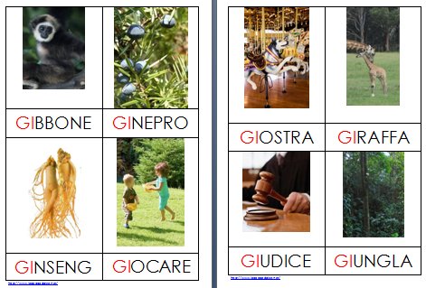 Metodo Montessori schede delle nomenclature per le difficoltà ortografiche GI